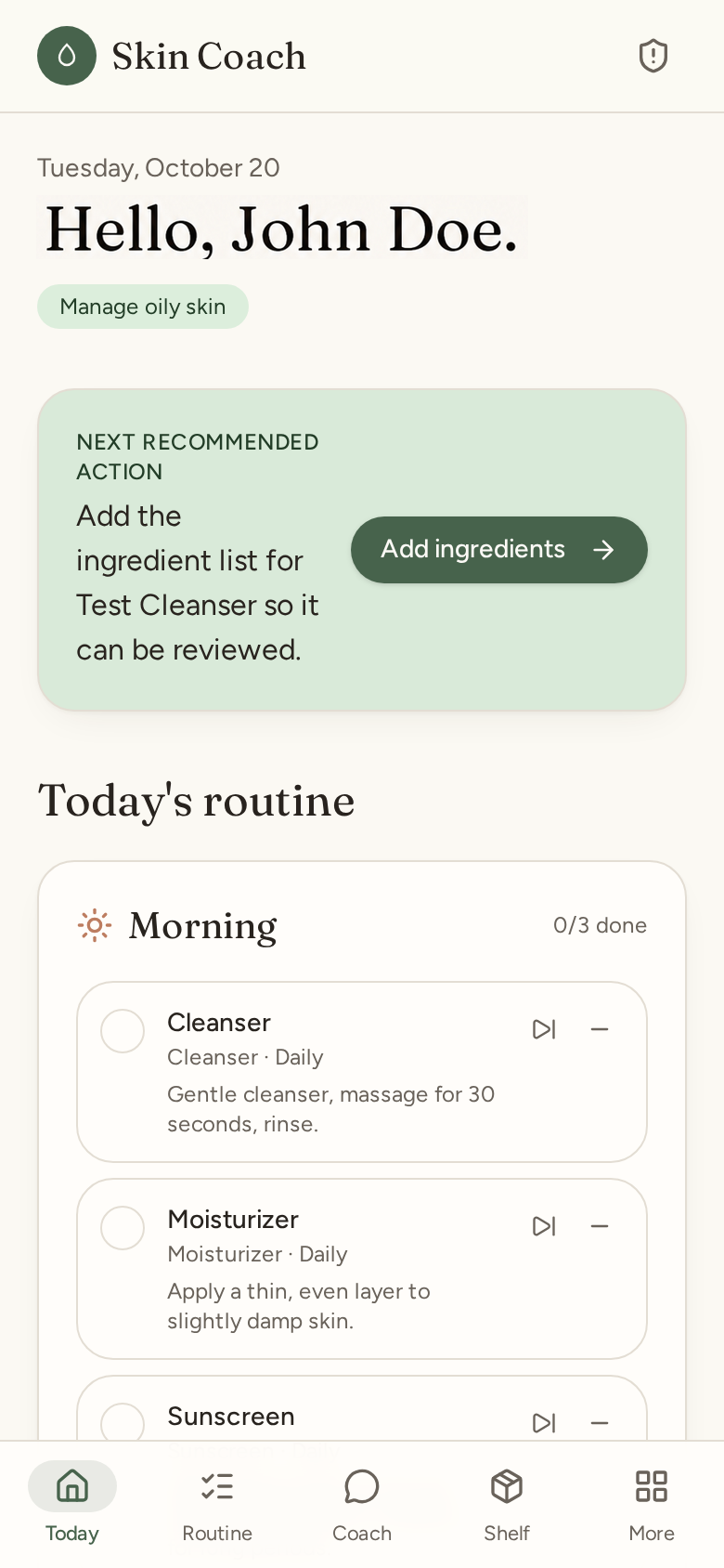Skin Coach Today screen